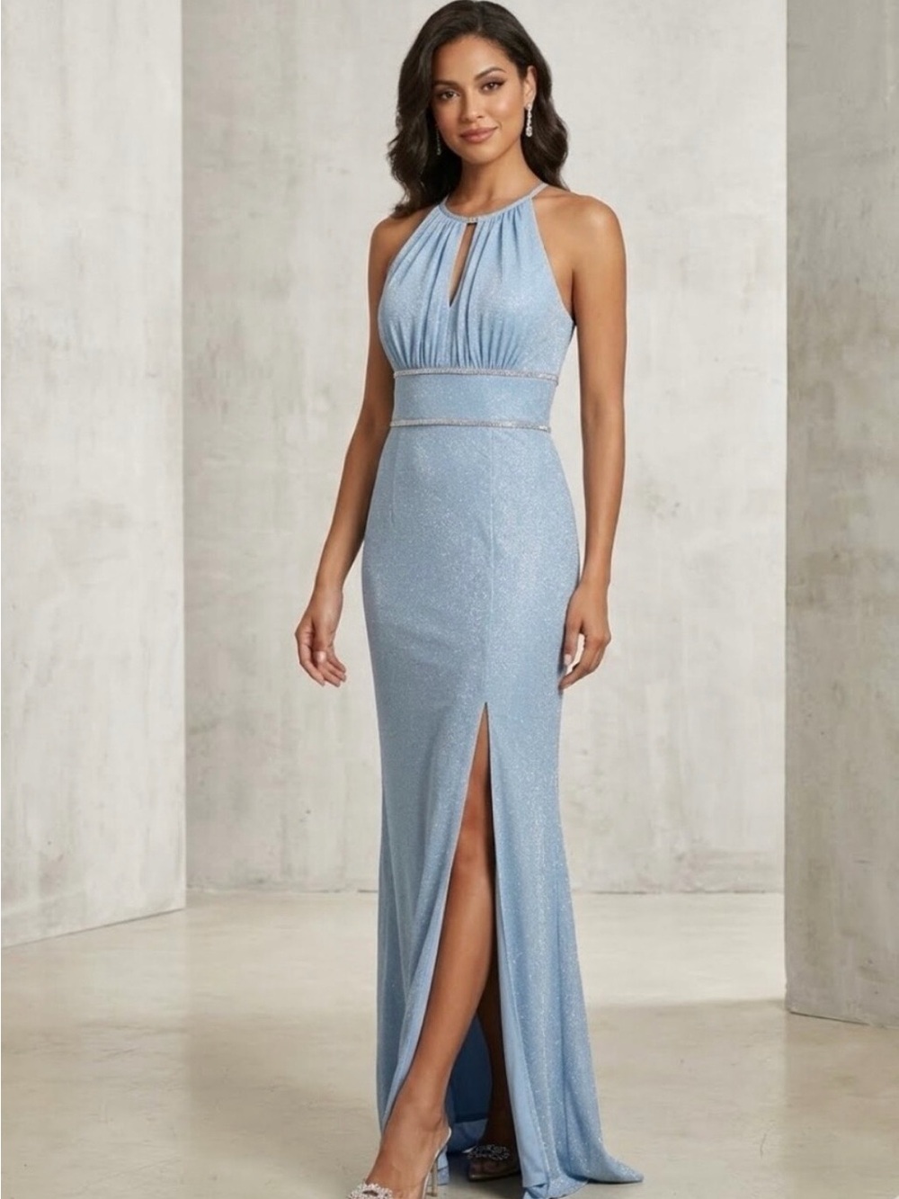Oleg Cassini Blue Halter High-Neck Glitter A-Line Gown with Keyholes size 10 NWT